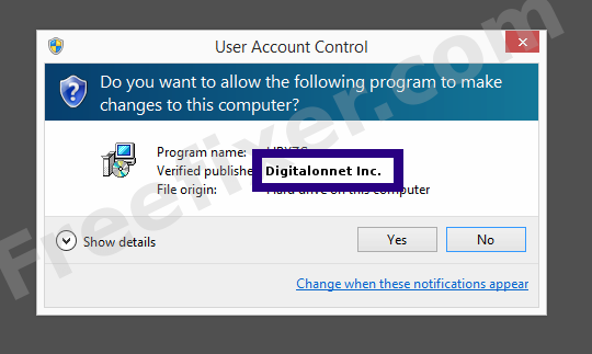 Screenshot where Digitalonnet Inc. appears as the verified publisher in the UAC dialog